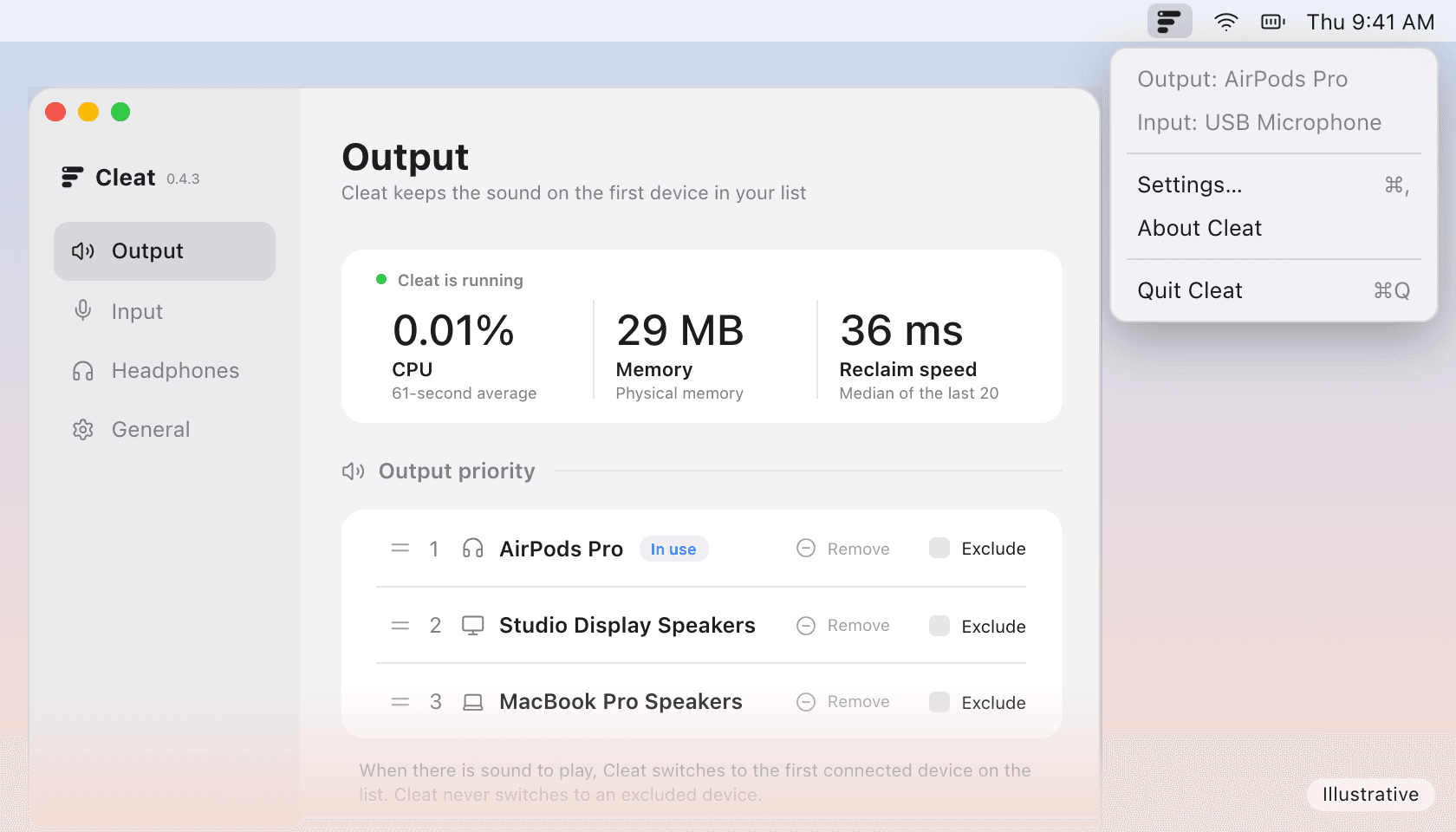 イメージ図：Cleat のメニューバーメニュー（出力：AirPods Pro、入力：USB Microphone）が設定ウインドウに重なり、AirPods Pro を使用中